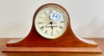 Vintage Mahogany Camel Back Mantle Clock, 11.5 X 5.75H, First NH Bank Advertising, Battery Operated