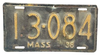 1938 Mass Steel License Plate, 1 3-084, 12.5' 6-.25'H