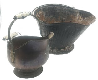 2 Pcs Delft Handle Copper Coal Hod And Pressed Tin Handled Coal/Ash Bucket, 17.25' X 12.5' X 11'H