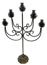 Vintage Pinecone Themed Cast And Wrought Iron 5-Arm Candelabra, 16.5' X 5.5' Diam. X 26.5'H