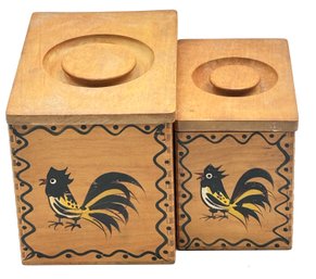 2 Pcs Wooden Nesting Lidded Storage Boxes With Painted Rooster Design, Dovetailed, Largest 5.5' X 7.5' X 6.25'