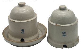 3 Pcs Antique No. 2 Salt Glazed Stoneware Chicken Feeds, 1-Base And 2-Tops, 9.25' Diam. X 8'H