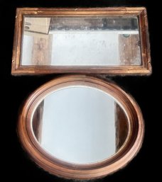 2 Wood Framed Wall Mirrors, Antique Walnut Deep Oval , 19' X 16' And Rectangular 22.25' X 12.5'