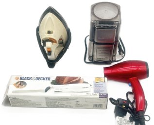4 Pcs Electric Appliances, Hair Dryer, Cuisinart Coffee Grinder, GE Iron And Black & Decker Slice Right