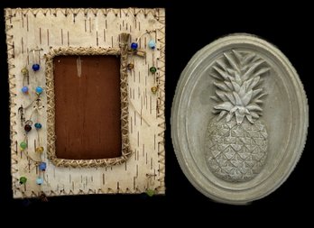 2 Pcs Beaded Birch Bark Frame And Oval Cast Pineapple Wall Plaque, 7' X 9'H