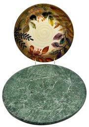 14' Diam. Green Marble Cheese Serving Board And 11.25' Diam. Home Trends 'Shadowwood' Plate