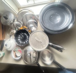 Cookware Lot, Large Enameled Stock Pot, Enameled Tea Pot, Pots, Pans & Lids And More