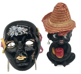 2 Pcs - Rare Vintage Kenmar Bobblehead Caribbean Kewpie Bank And Venice Style Hi-Glow Black Mask