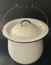 Antique Porcelain Steel Enamelware Lidded Chamber Pot With Wire & Wood Handle, 10.5' X 11'H (Handle Down)