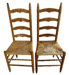 2 Pcs Antique Ladder Back Kitchen Chairs With Woven Seats, 17.75' X 14.5' X 42.5'H