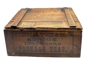 Antique Wooden Tea Crate - Thomas Wood & Co Boston Importers, Hinged Lid, 19' X 17.5' X 8.75'H