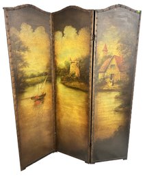 Vintage Hand Painted 3-Panel Leather Folding Screen, Dutch Scene, Brass Nail Heads, Each Panel 18' X 68''