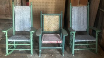 3 PCs Green Painted Porch Seating, 2 Tall Back Rockers And Short Back Chair, Sturdy, No Noticed Repairs
