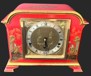 Elliott London 8-Day Mantle Clock, Cinnabar Red Lacquered With Chinoiserie Decorations, 11' X 5' X 9.25'H