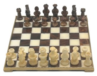 Italian Brown & White Alabaster Chess Set, 13.25' Sq X 4'H, Single Brown Pawn Not Present