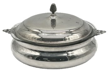 Vintage Sheffield Silverplate Covered Casserole Serving Dish With 3L Pyrex Liner, 11-1/2' Diam. X 13-7/8' X 7'