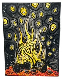 Original Unframed Painting Of Laughing Faces In Campfire Signed KUZ, 18' X 24'H