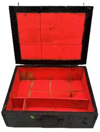 Antique Wooden Dovetailed Suitcase Type Box With Metal Carrying Handle, 17.25' X 13.5' X 5.75'H