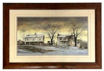 Large Matted & Well Framed Lithograph Of Farmhouse & Barn By Ray Hendershot, 43.5' X 29.5'H