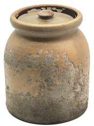 Antique One Gallon Lidded Salt Glazed Jar With Significant Wear And Patina