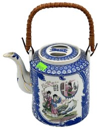 Vintage Blue & White  Chinese Famille Rose Tea Pot With Rattan Handle