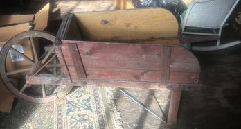 Antique Wooden Wheel Barrow, Red Paint, 70' X 25' X 26'H