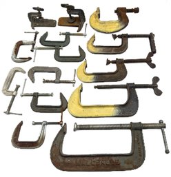 14 Pcs Collection Of Vintage C-Clamps In Wooden Crate-Craftsman, Fuller, GH Williams & Others, Largest 12'