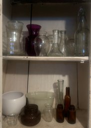 Cabinet Of Glass Vases, Amethyst, Clear, Pottery, Brown Bottles And More