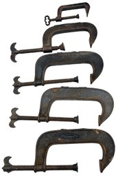 5 Pcs Antique Sargent Brand C-Clamps, Varying Sizes Largest 8'