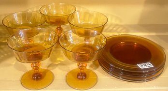 11 Pcs Amber Glassware, 5 Sherbet Stemmed Glass And 6 Under Plates, 6.25' Diam.