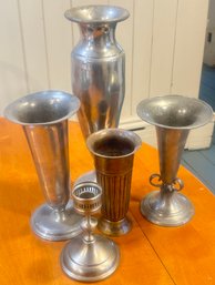 5 Pcs Metalware Candlestick Holder And 4 Vases, Tallest 14.5'H