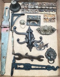 Lot Of Various Antique Hardware, 14' Solid Brass Hinge, Wall Mounted Coat Hooks & More