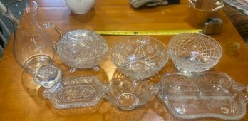 8 Pcs Crystal- Pressed And Etched, Tallest Pitcher 10'H, Egg, 2 Bowls, Etched Tray And Others