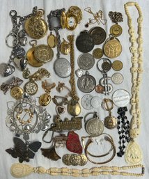 Unusual Costume Jewelry Lot - Coins & Token Pendants, Lockets, Buckles, Mickael Korrs, Este Lauder & More