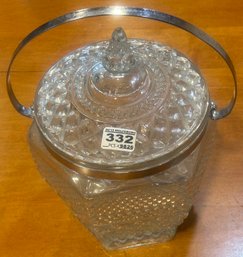 Pressed Glass Covered Ice Bucket With Metal Swing Handle And Ice Tongs