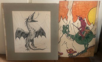 2 Original Drawings -Color Unframed Marker Drawing Of Figure Riding A Creature, 14' X 22'H And Dragon