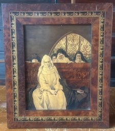 Antique Burl Wood Marquetry Frame With Praying Nuns, 10.75' X 13'H, Signed