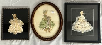 3 Pcs Vintage Framed Ribbon Dolls Pictures, Largest 13.75' X 5.75'