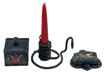 3 Pcs - Hand Wrought Iron Courting Candle Holder, Tole Painted Cast Iron Match Holder & Tin Lidded Hinged Box