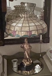 Vintage Table Lamp With Tulip Design Leaded Slag Glass Shade (16.5' Diam.)And Male Figural Base On Marble