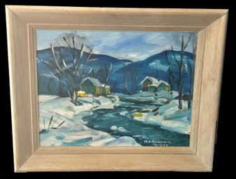 1954 White Mountains Winter Scene Painting On Board In Deep Oak Frame, 22.75' X 18.5, Signed