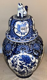 Antique Dutch Delft Blue & White Chinese Style Covered Ginger Jar With Dog Final, 8' Diam. X 15.5'H