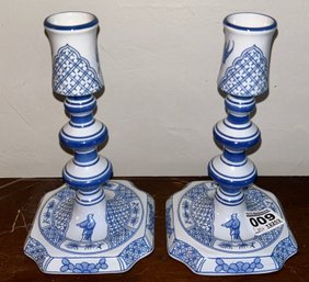 2 Pcs Pair Original Royal Goedewaagen Delft Blue & White Candlestick Holders, Williamsburg Restoration, 7'h