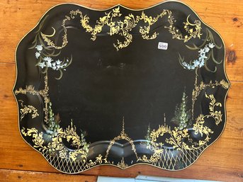 Gorgeous Large Black Painted Tray With Gold Design & Grape And Flowers, 28.5' X 21.75'