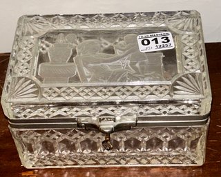 Antique Rectangular Cut  And Frosted Glass Locking Jewelry Casket W/Key, 6.75' X 4' X 4'H, Lid Hinges Missing