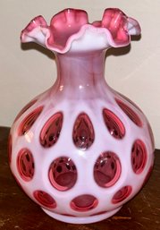 Fenton Cranberry Coin Dot Ruffled Rim Vase, 5.75' Diam. X 7'H