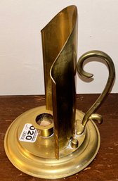 Antique Single Brass Candle Holder With Protective Shield And Hand Grip, 5' Diam. X 7'H