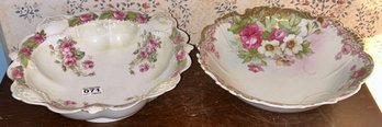 2 Pcs Antique Porcelain Bowls With Pink Rose Decoration, 11.25' Diam. X 3.5'H