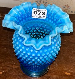 Antique Blue Opalescent Hobnail Ruffled Edge Footed Vase, 5' Diam. X 6'H