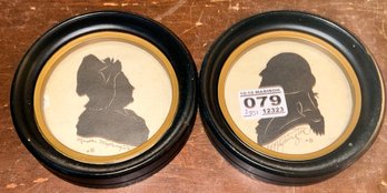 Pair Of Round Black Framed With Gold Inserts Silhouettes Of George & Martha Washington, 4.75' Diam.